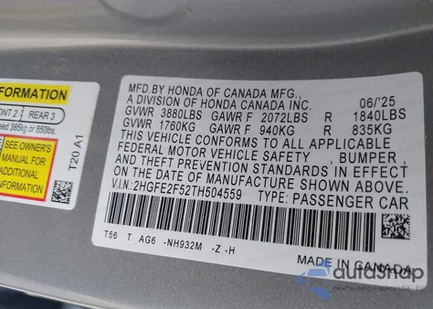 2026 Honda Civic Lx z USA, uszkodzony, nr VIN 2HGFE2F23TH506553